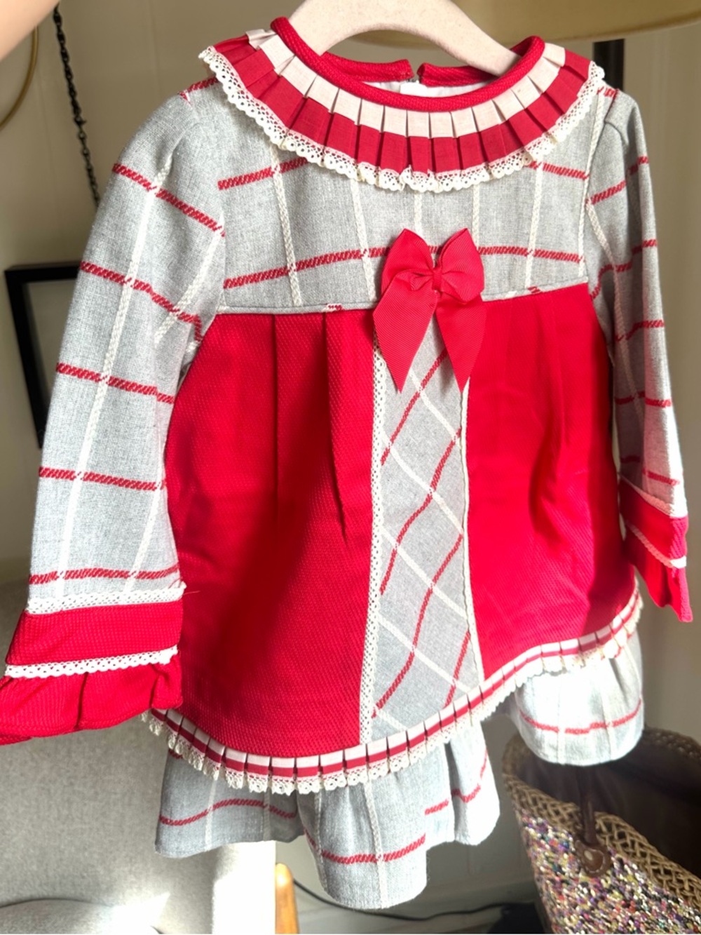 New Girls Red and Gray Plaid Formal Dress with Bow
